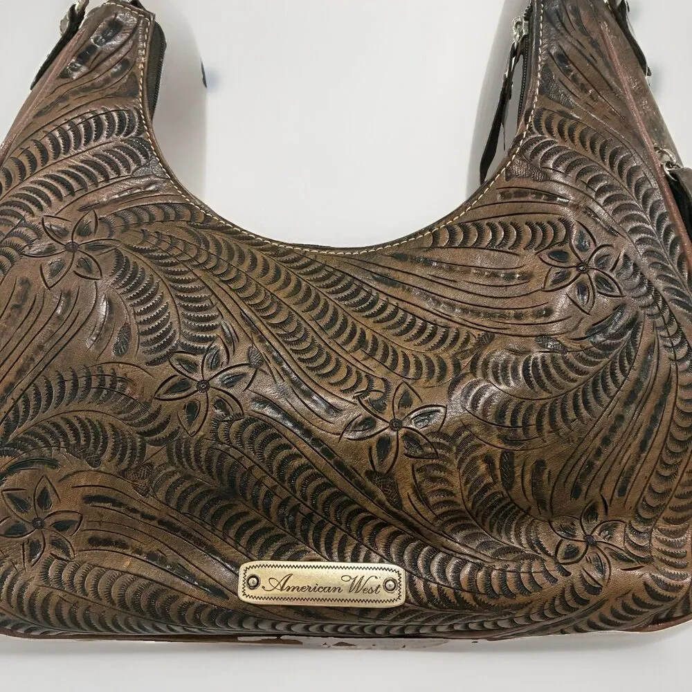 American West Tooled Two Tone Brown Leather Shoulder Bag Purse Concealed Carry